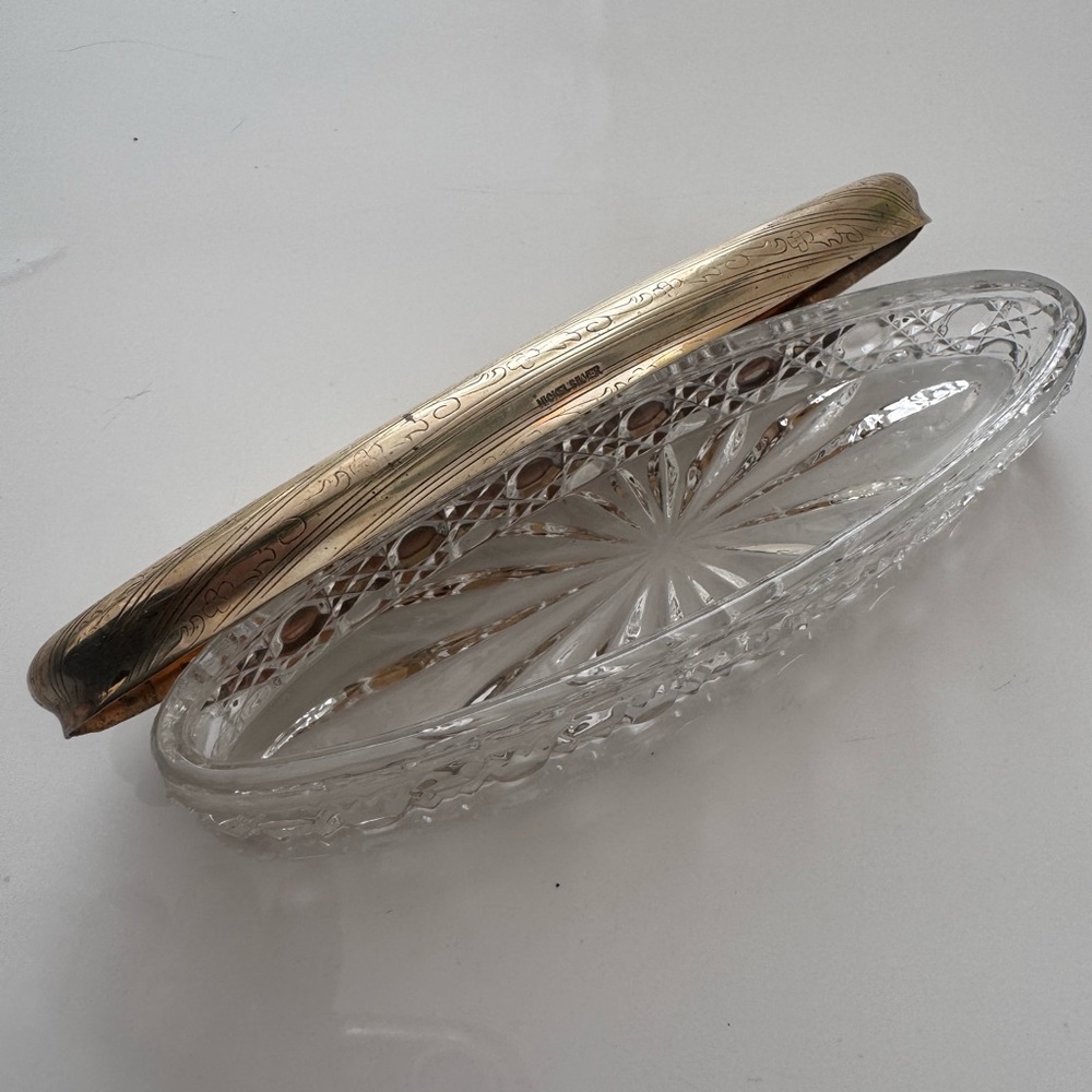Antique glass oval trinket dish Arts & Crafts Nickel Silver Lid Vanity Pressed